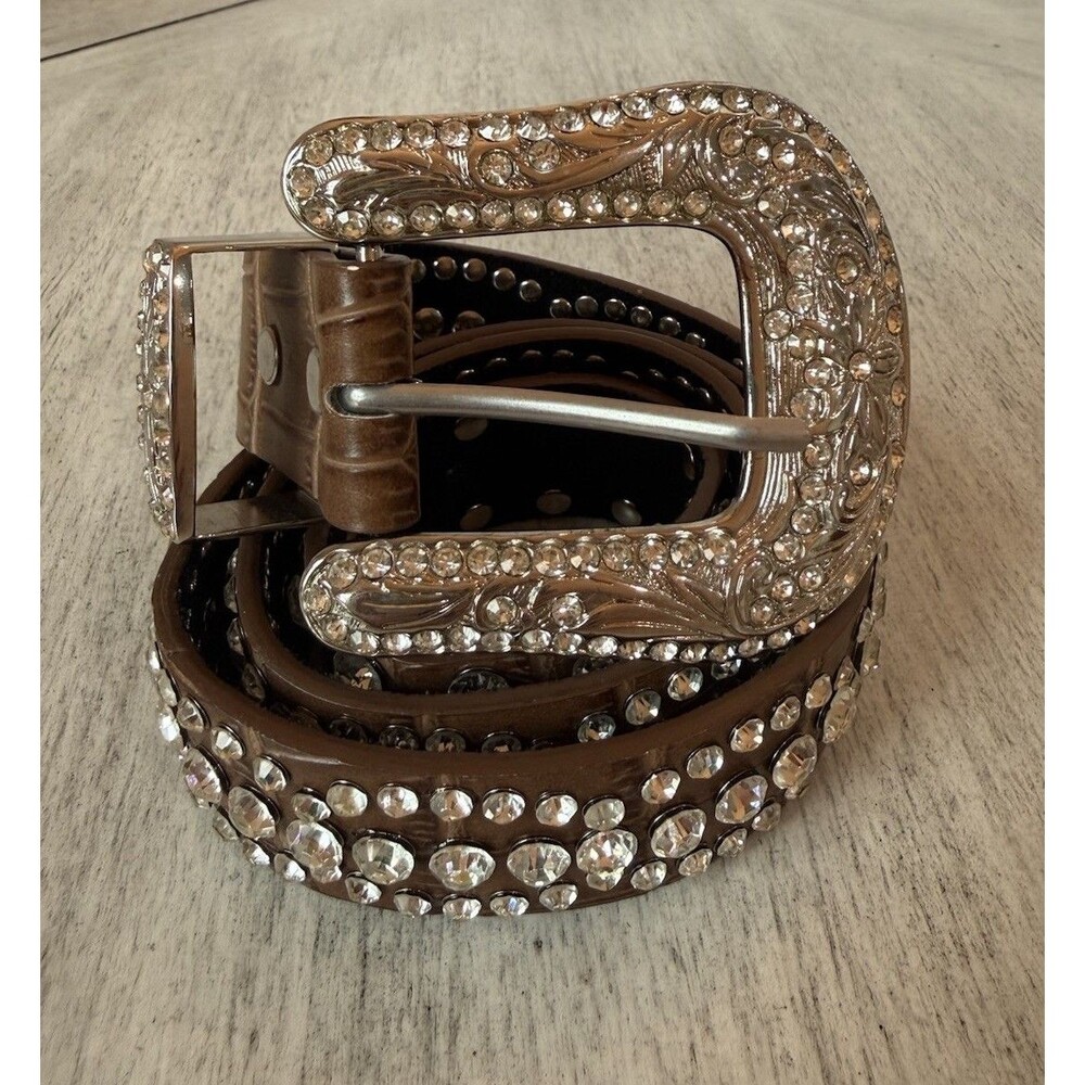 Women's Western Brown Croc Leather Belt Textured Rhinestone Floral Buckle Size M